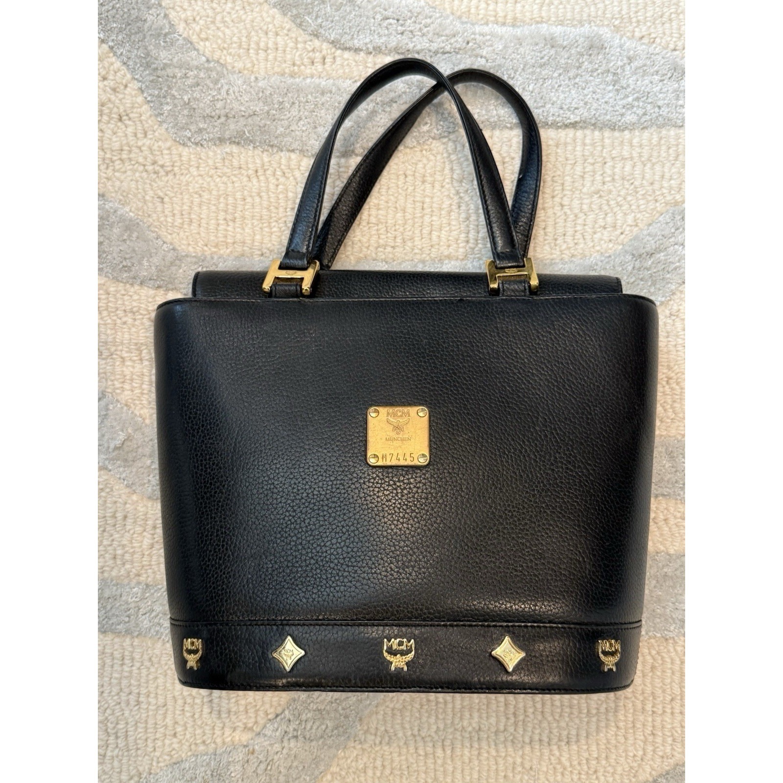 Mcm Black Leather Gold Studded Bucket Tote